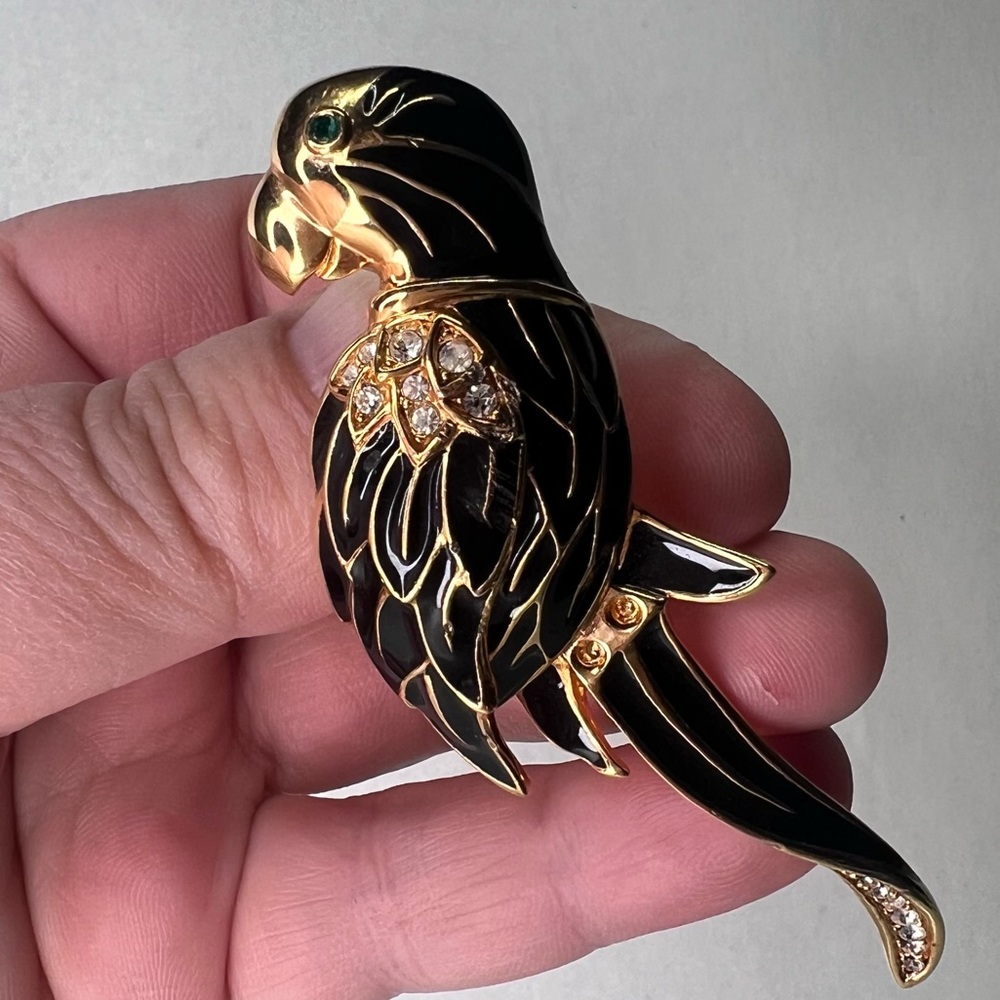 Vintage Swarovski SAL Parrot Brooch | Black Enamel & Crystal | 1970s